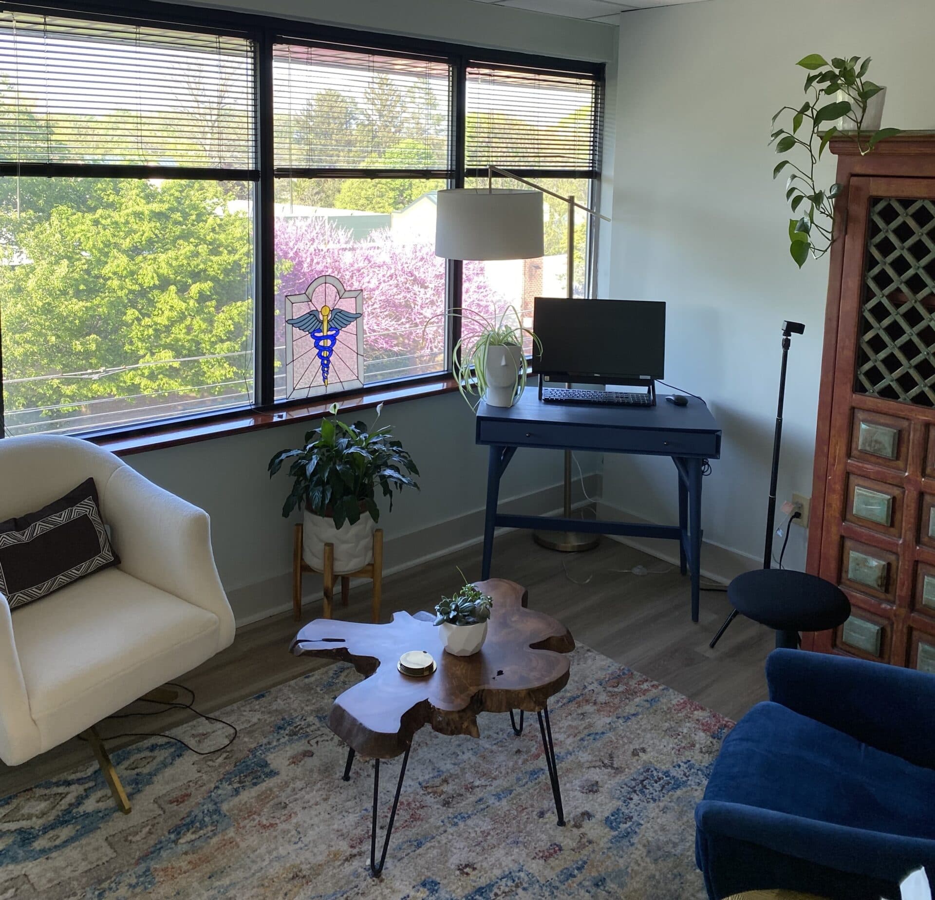 Office seating area with desk and plants