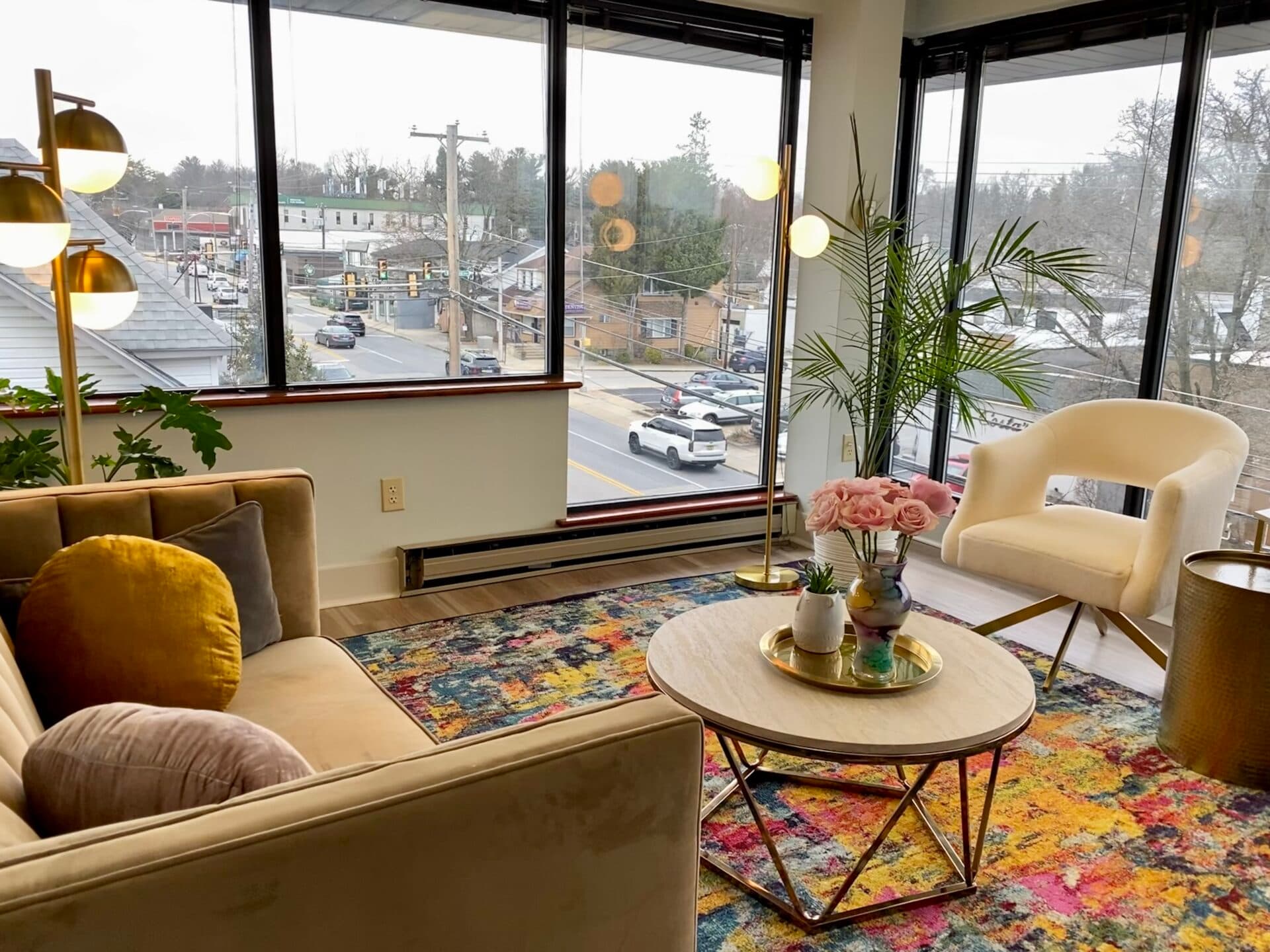 Comfortable therapy room with large windows